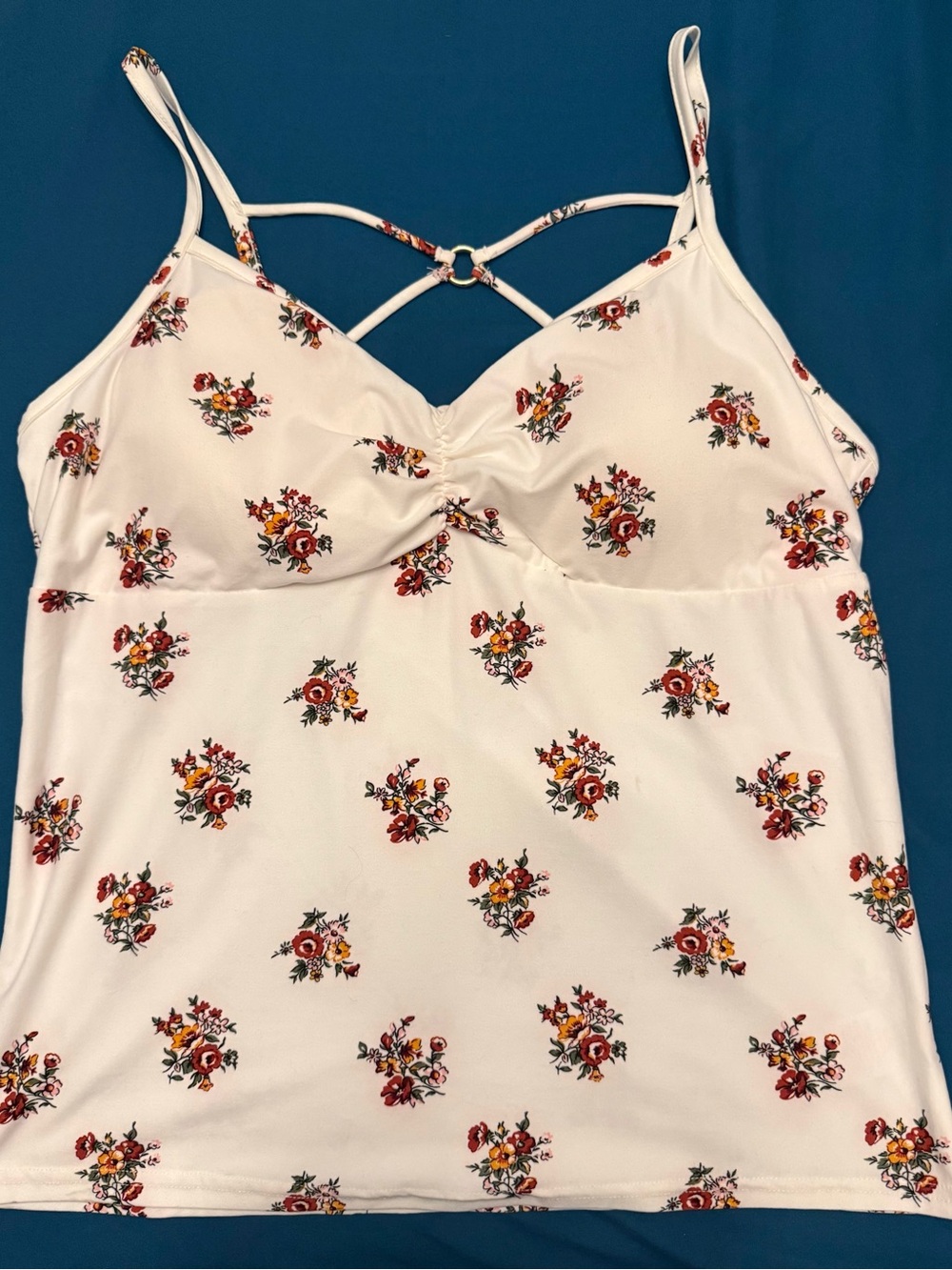 No Boundaries White Floral Crisscross Cami with Red and Yellow Blooms